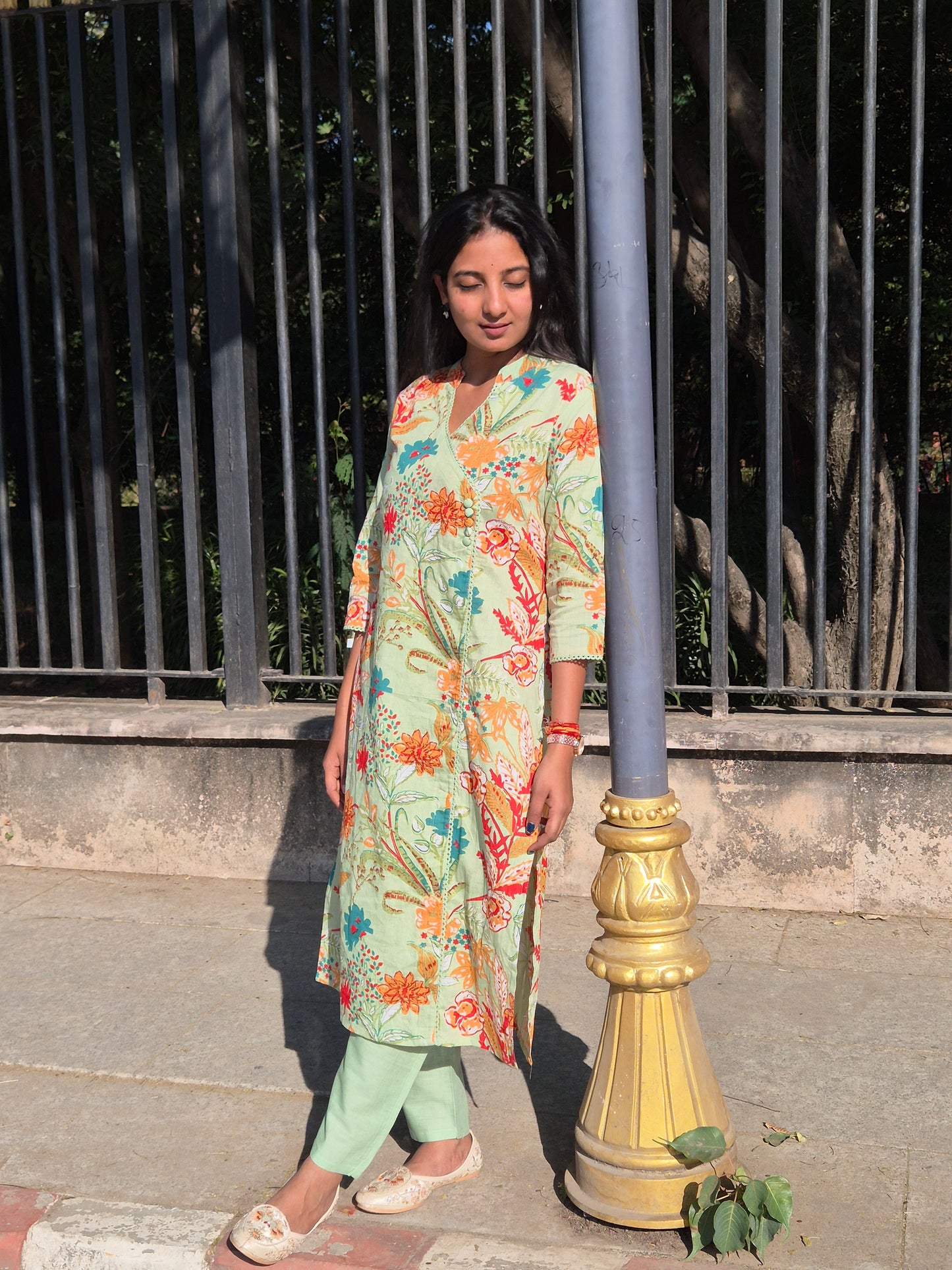 Mint Bloom Printed Cotton Kurta Pant Set