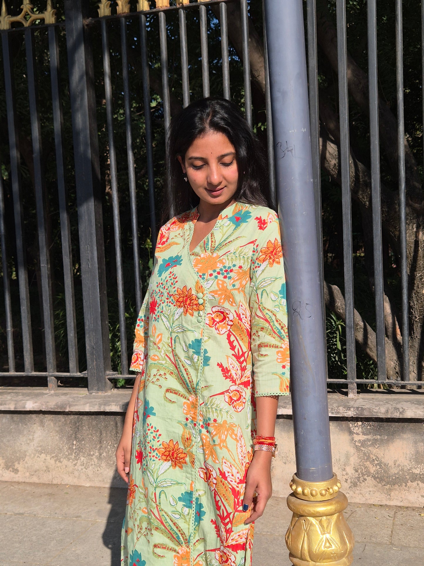 Mint Bloom Printed Cotton Kurta Pant Set