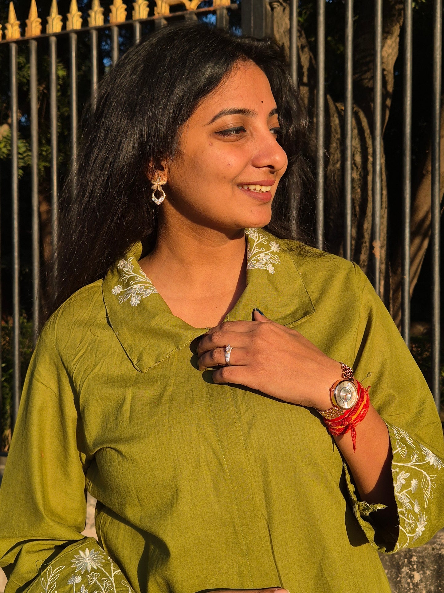 Olive Green Embroidered Open-Front Shirt Shrug