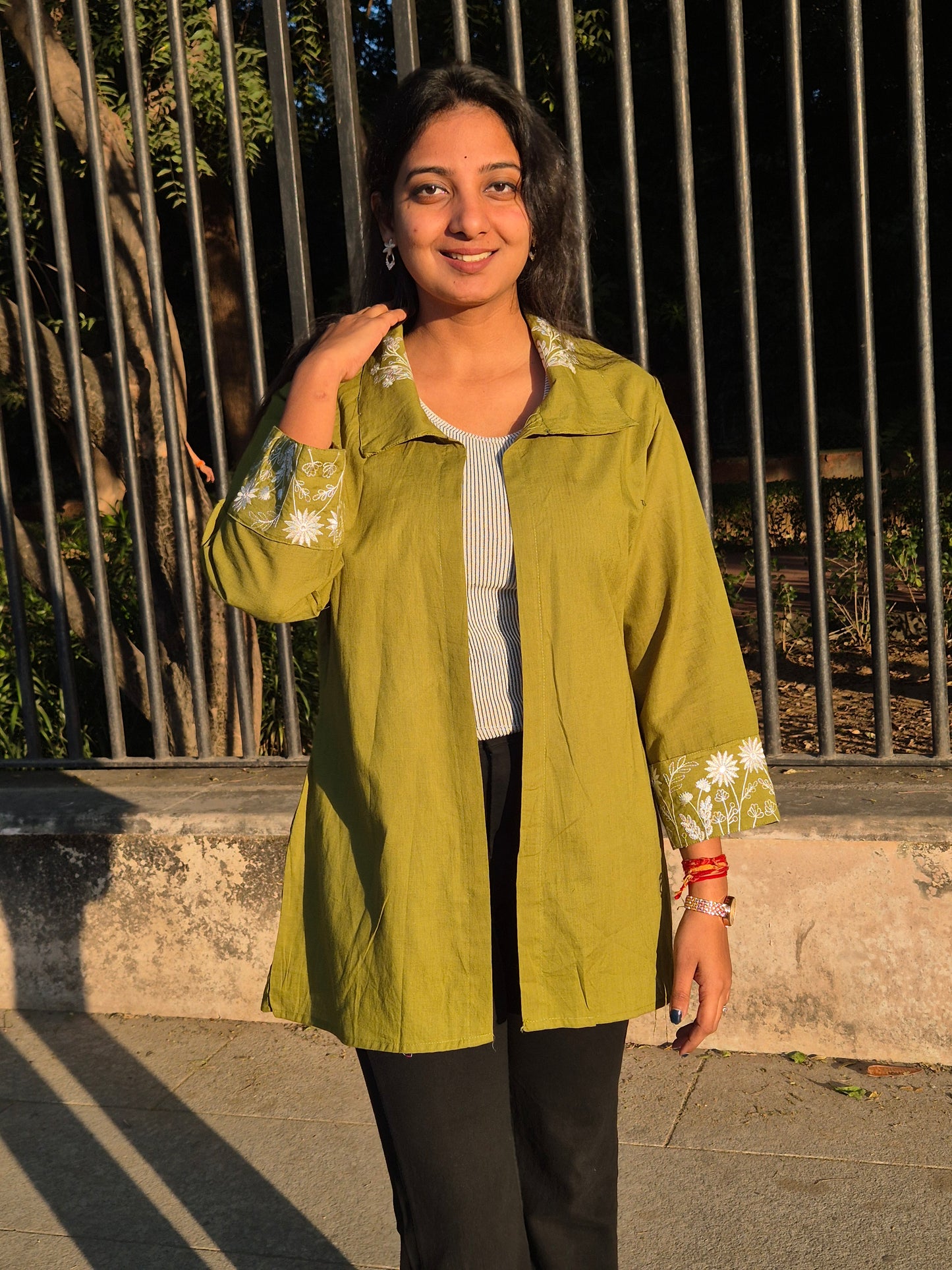 Olive Green Embroidered Open-Front Shirt Shrug