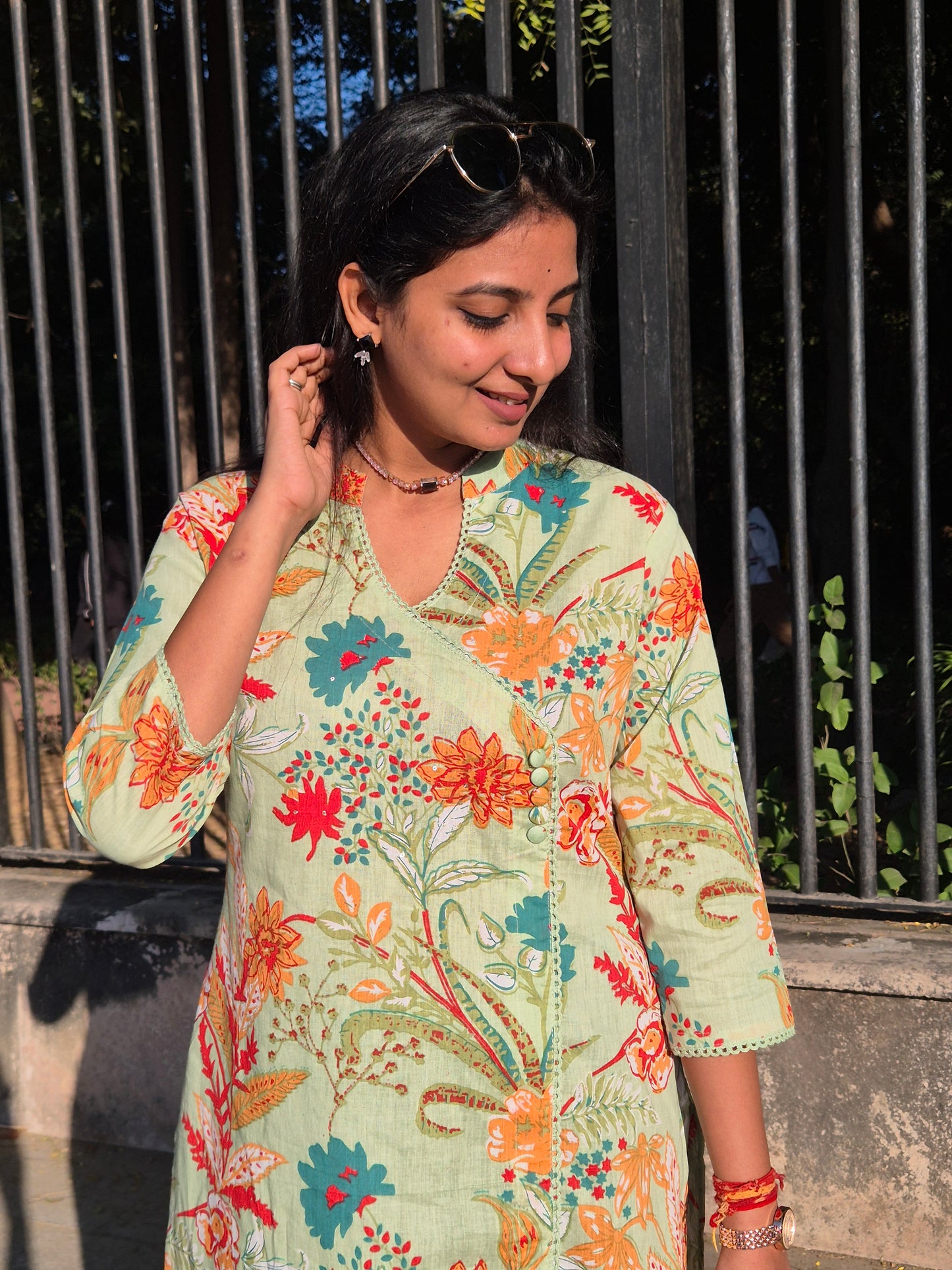 Mint Green Floral Straight Cotton Suit Set