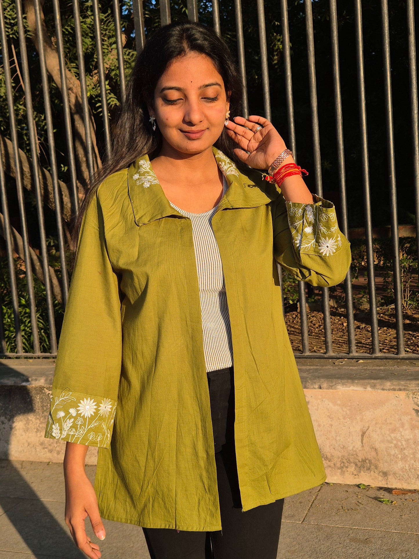 Olive Green Embroidered Open-Front Shirt Shrug