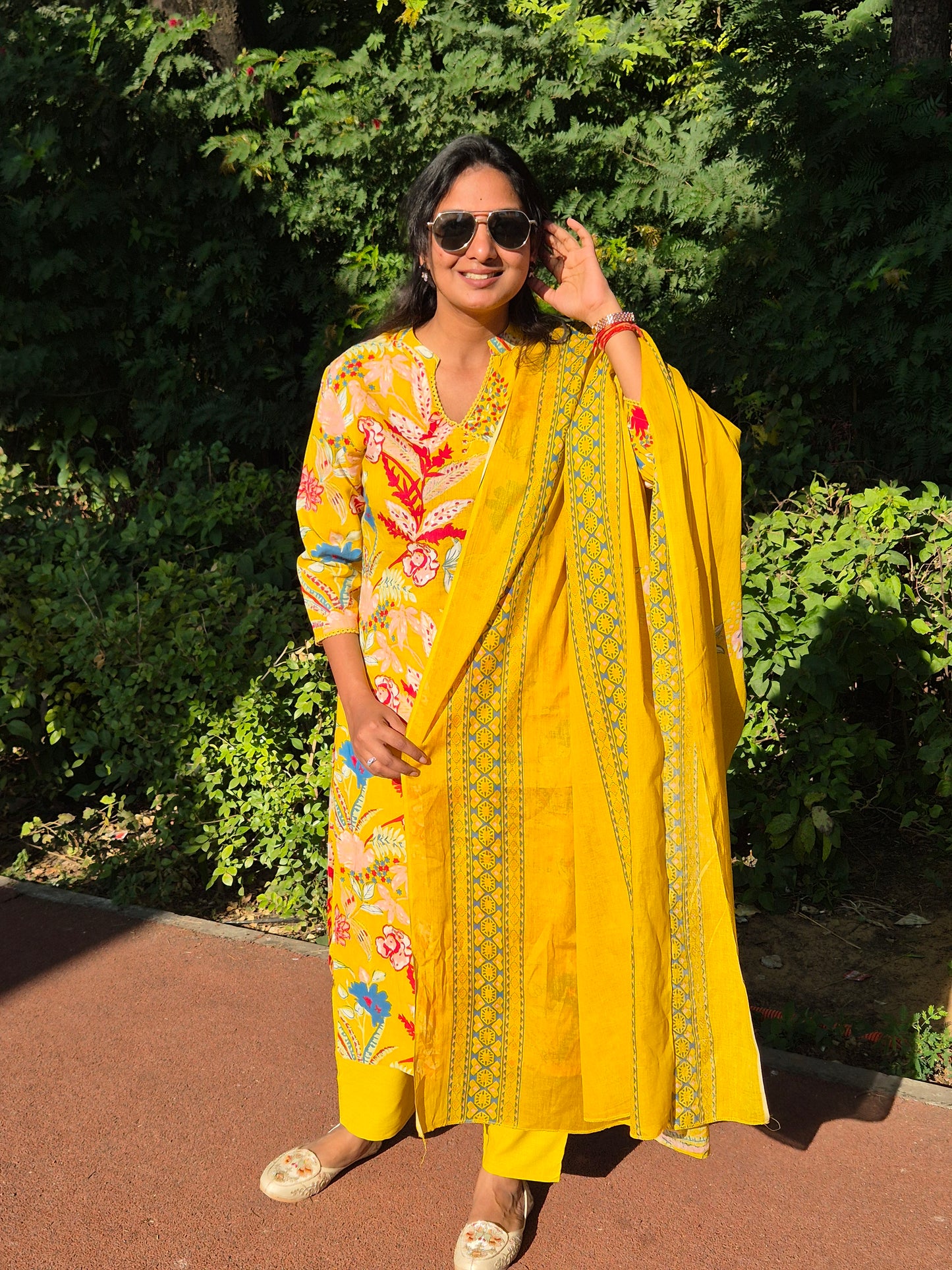Bright Yellow Floral Cotton Suit Set with Dupatta