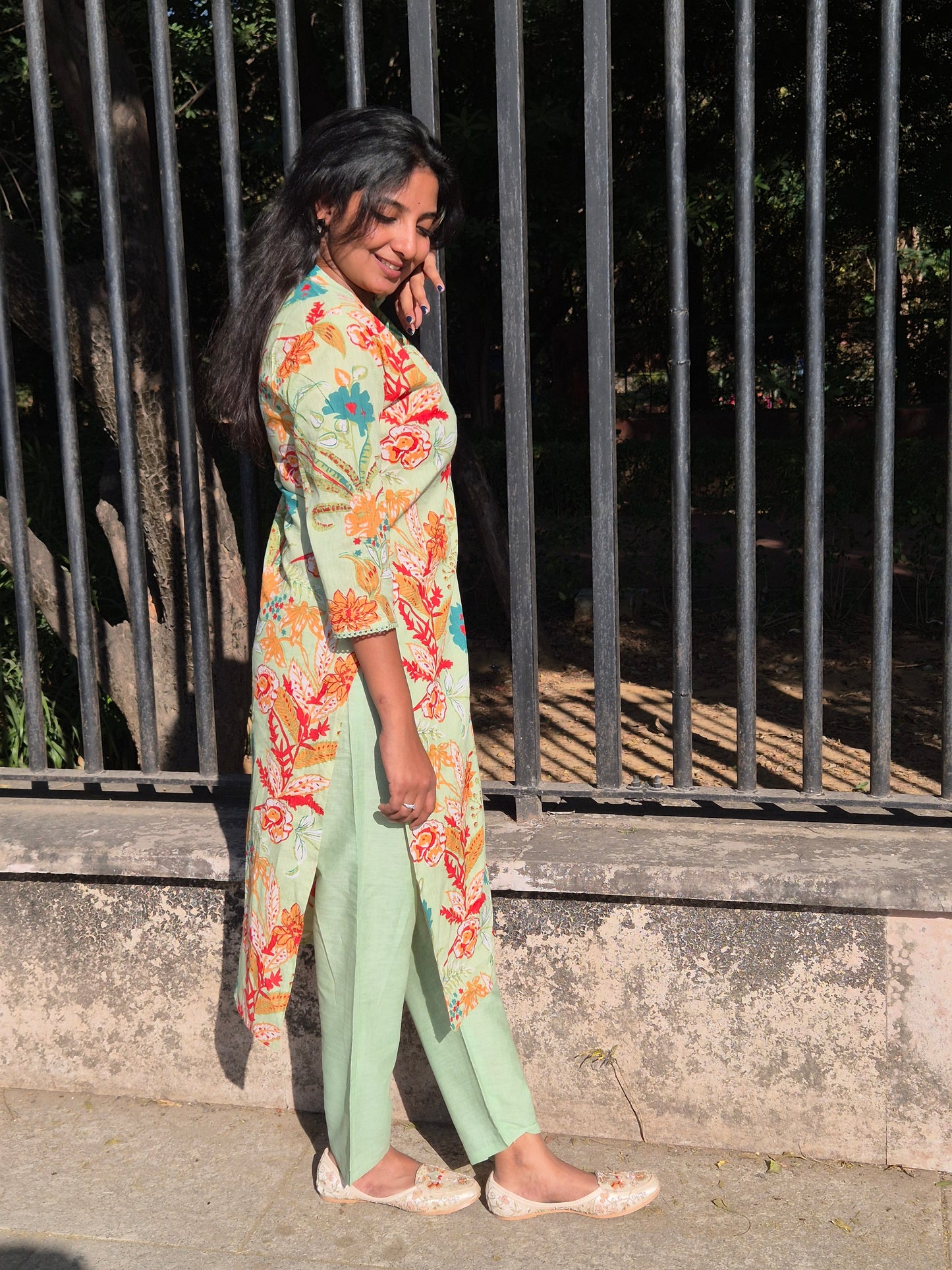 Mint Bloom Printed Cotton Kurta Pant Set