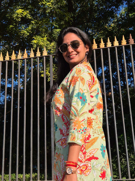 Mint Green Floral Straight Cotton Suit Set