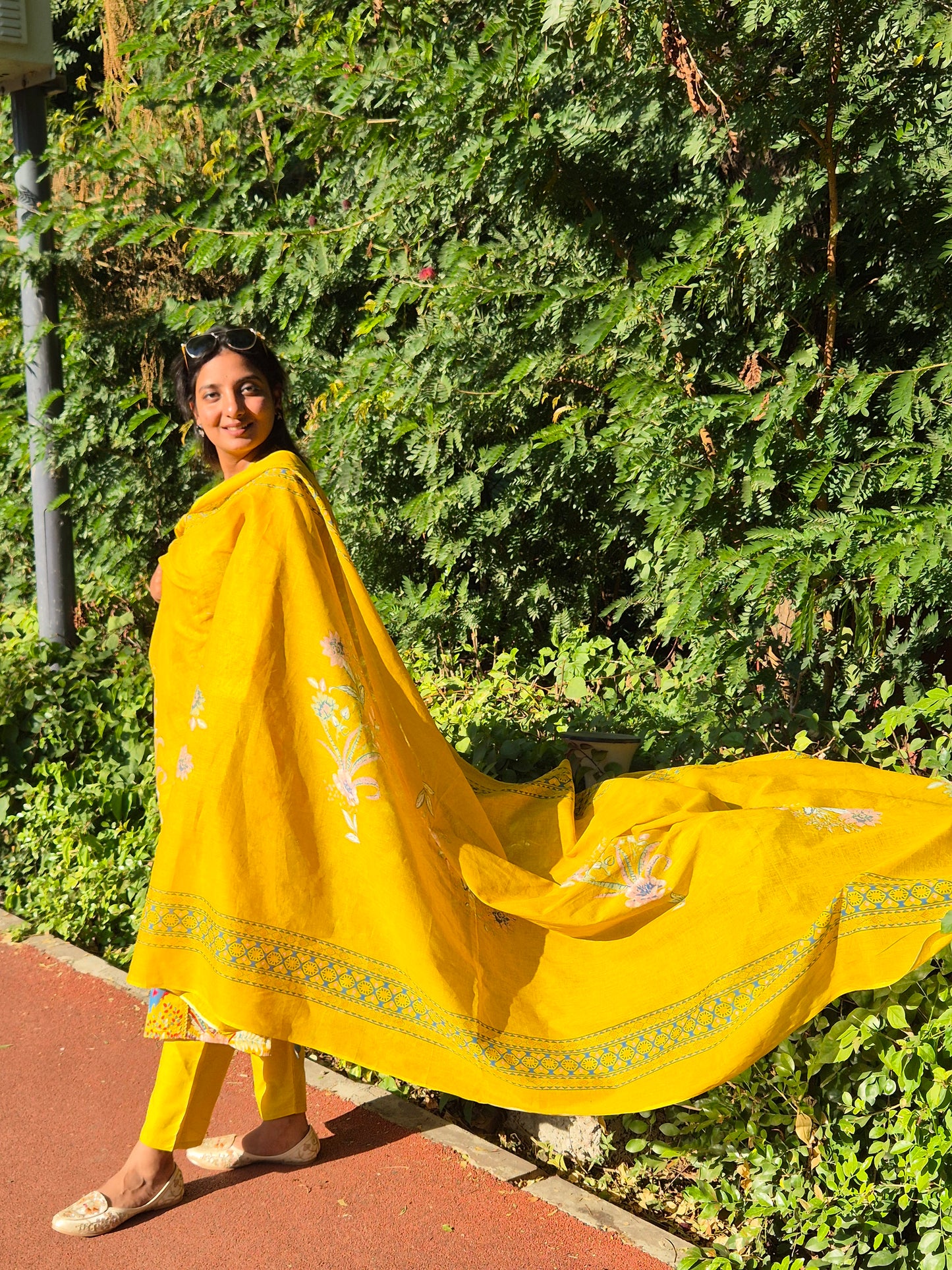 Bright Yellow Floral Cotton Suit Set with Dupatta