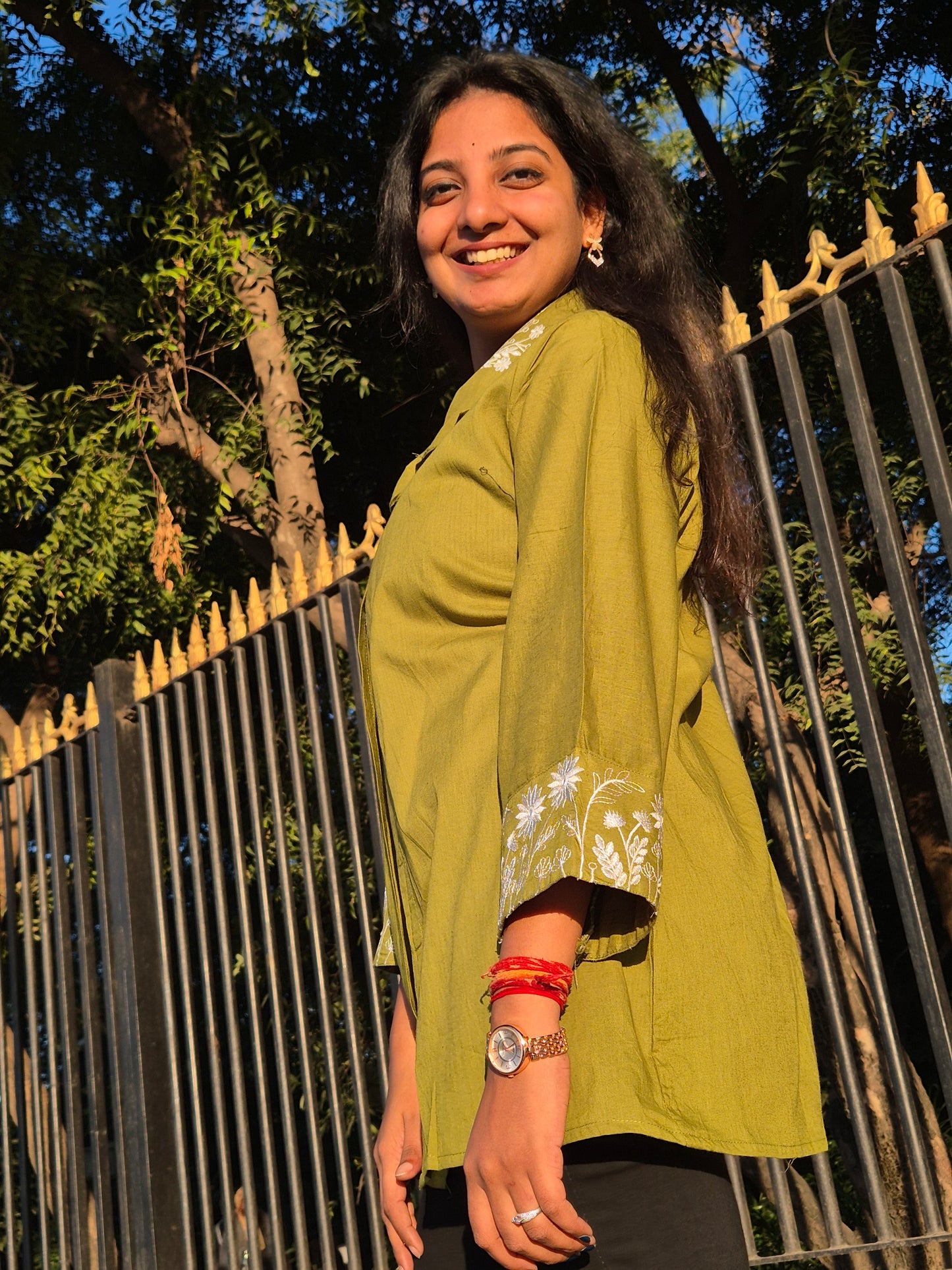 Olive Green Embroidered Open-Front Shirt Shrug