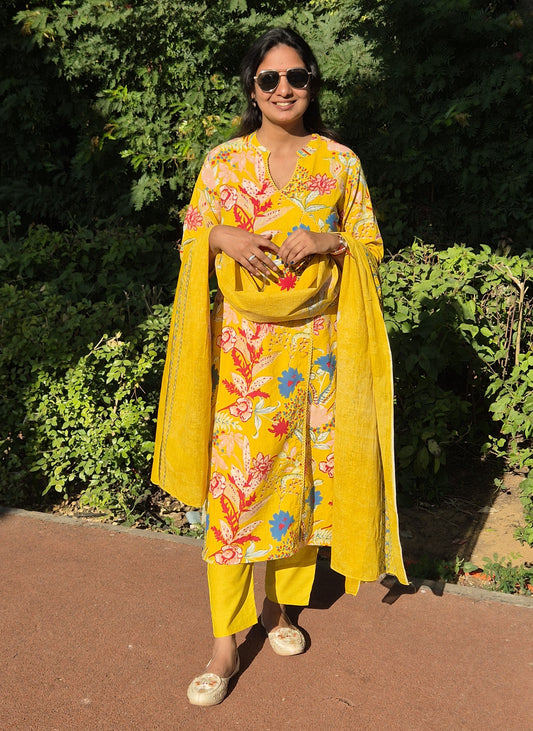 Bright Yellow Floral Cotton Suit Set with Dupatta