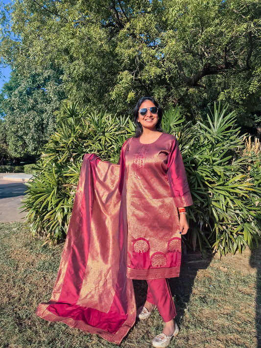 Banarasi Maroon & Gold Zari Work Festive Suit Set