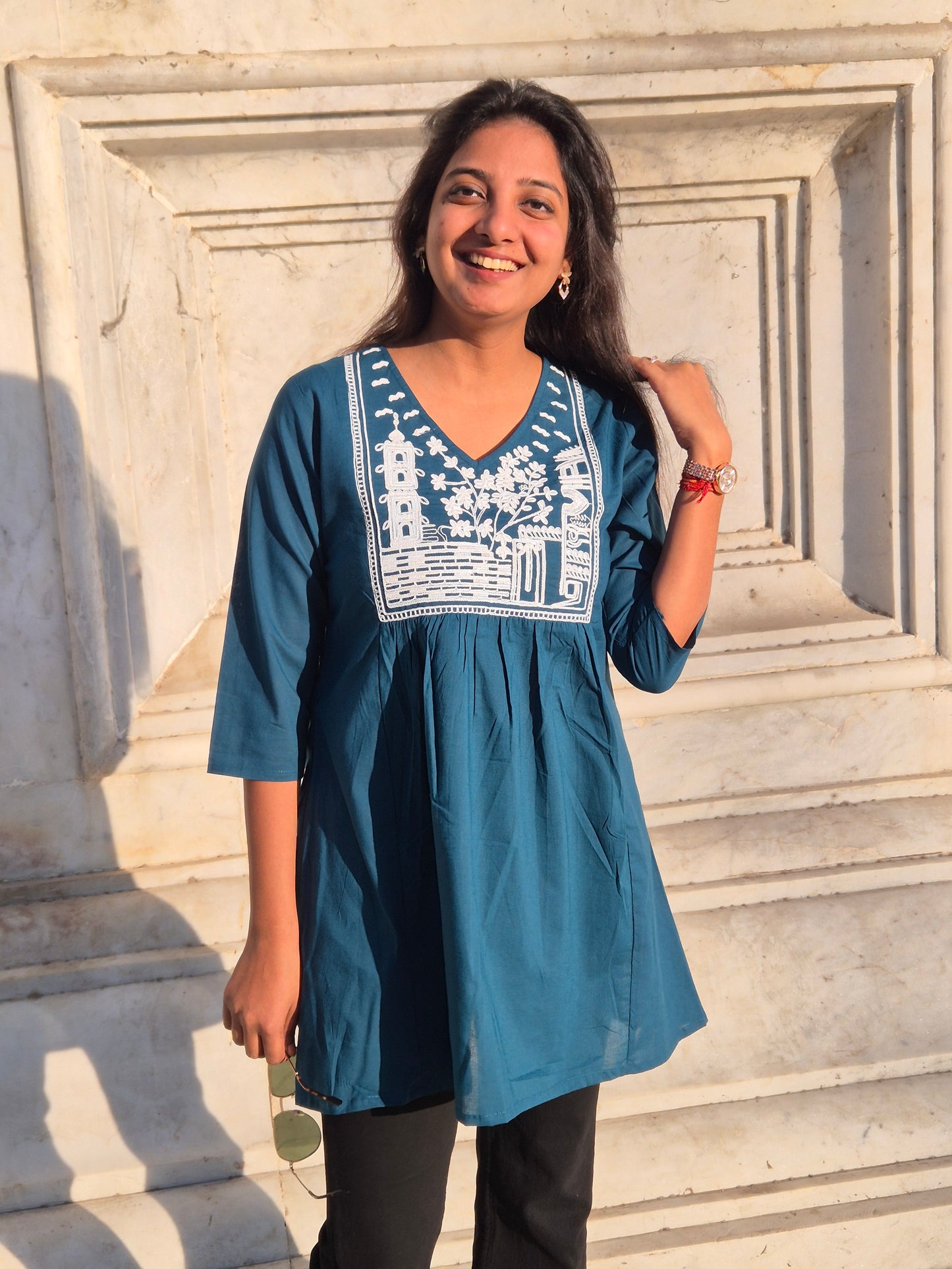 Teal Blue Embroidered Cotton Top