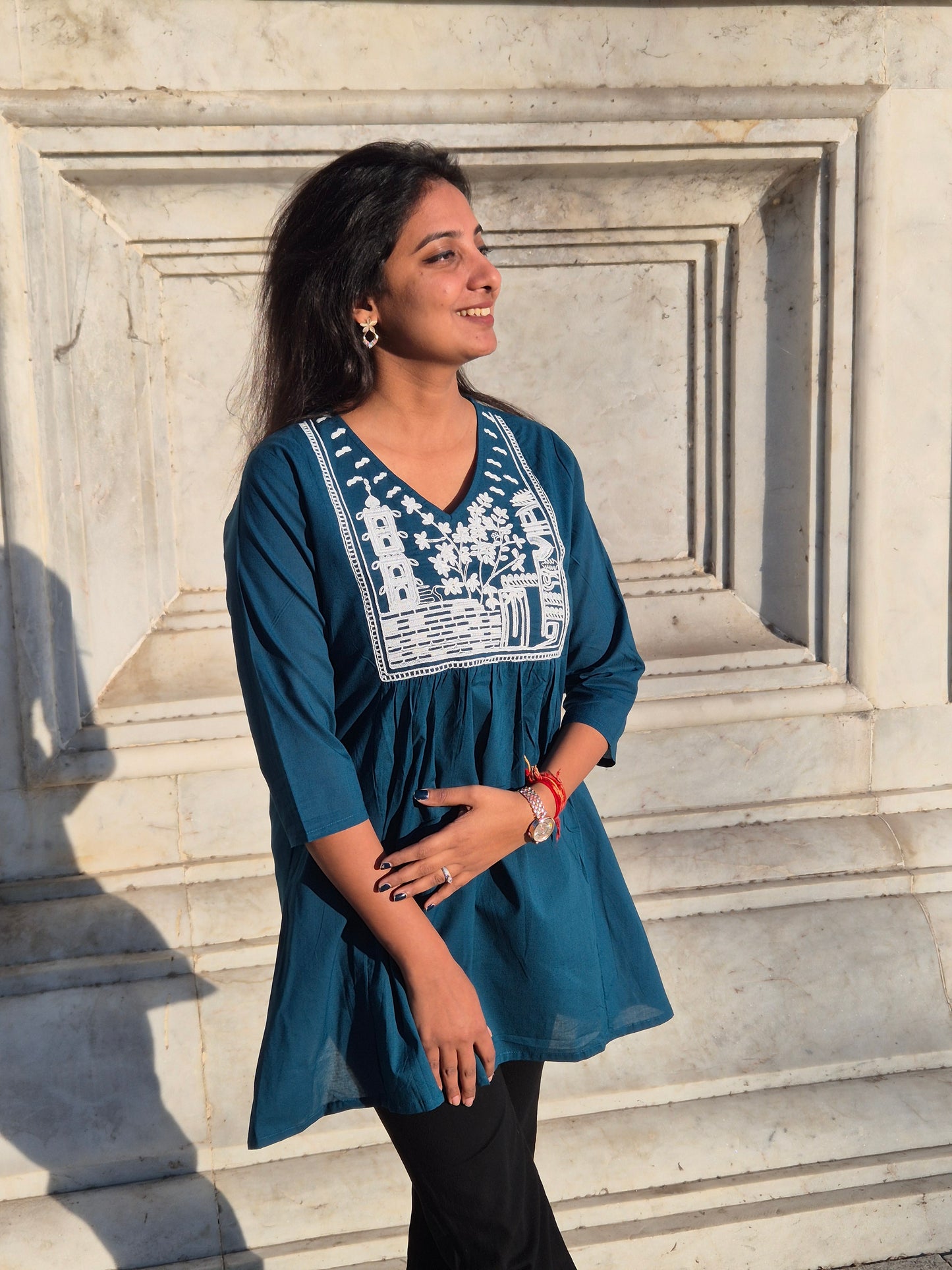 Teal Blue Embroidered Cotton Top