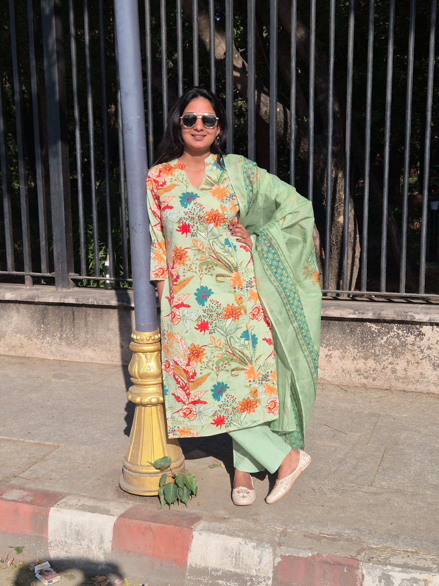 Mint Green Floral Straight Cotton Suit Set