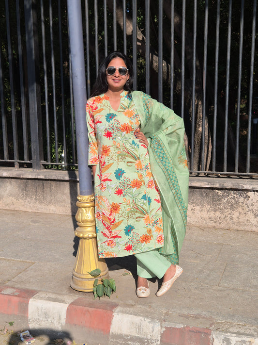 Mint Green Floral Straight Cotton Suit Set