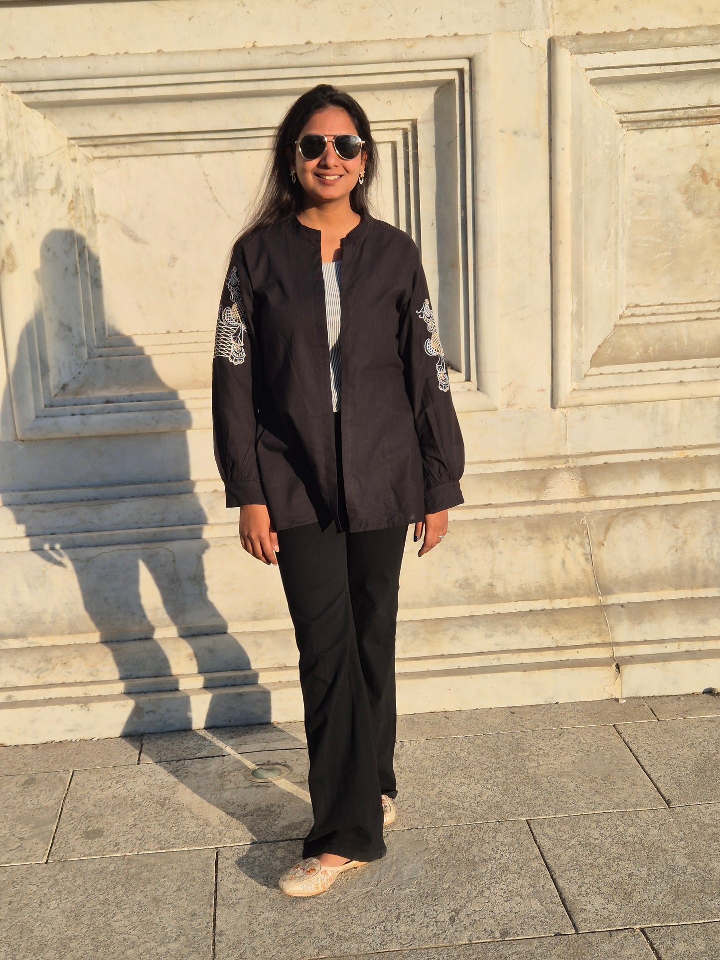 Black Embroidered Open-Front Shirt Shrug