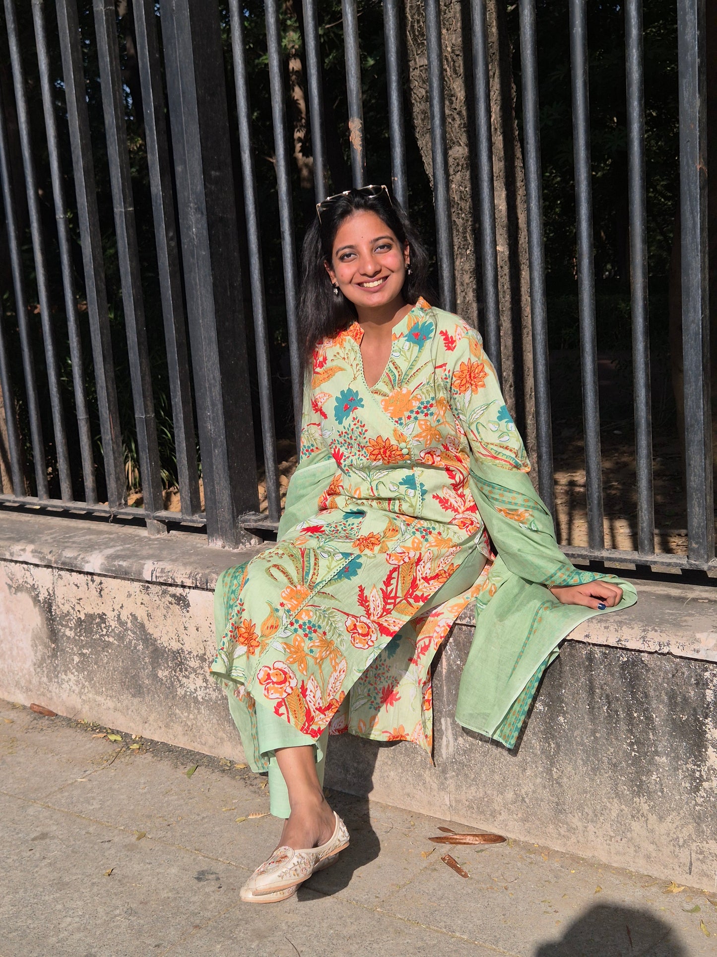 Mint Green Floral Straight Cotton Suit Set