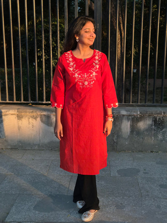 Red Floral Thread-Embroidered Cotton Kurta