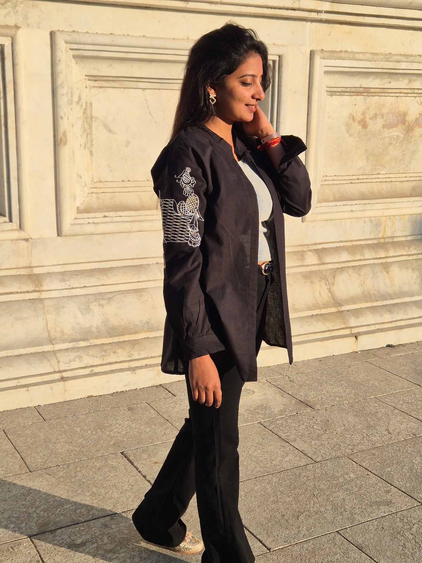 Black Embroidered Open-Front Shirt Shrug