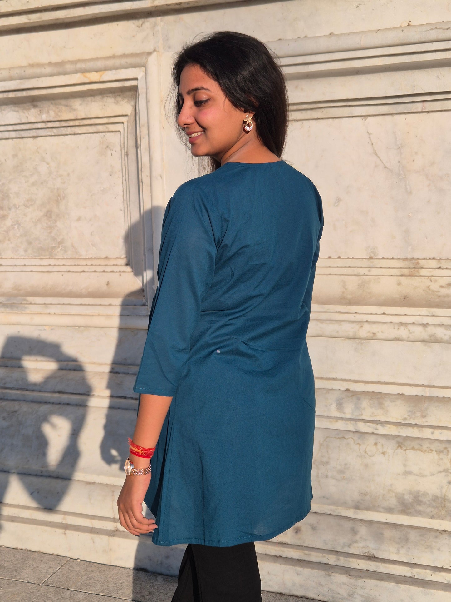 Teal Blue Embroidered Cotton Top