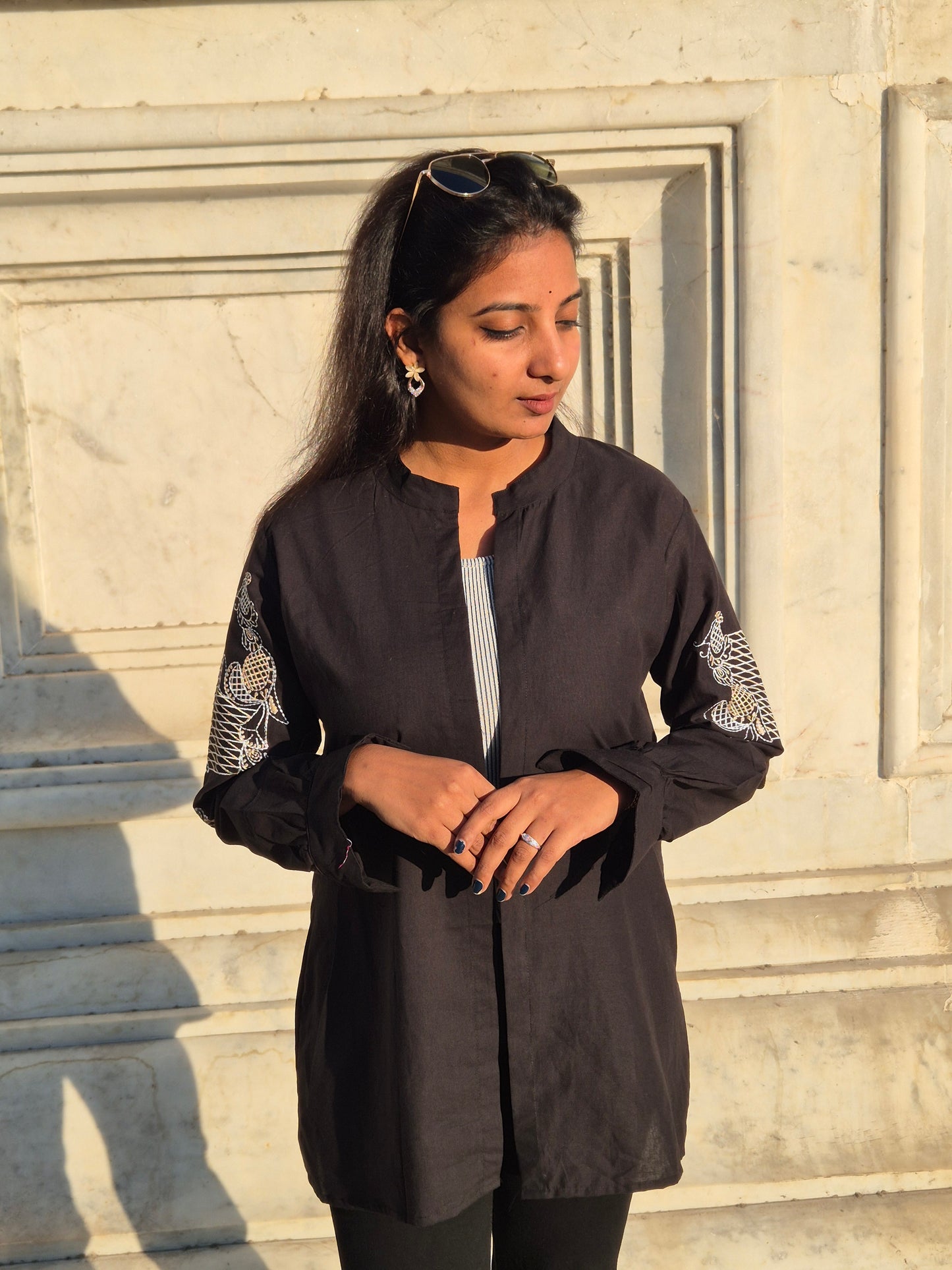 Black Embroidered Open-Front Shirt Shrug