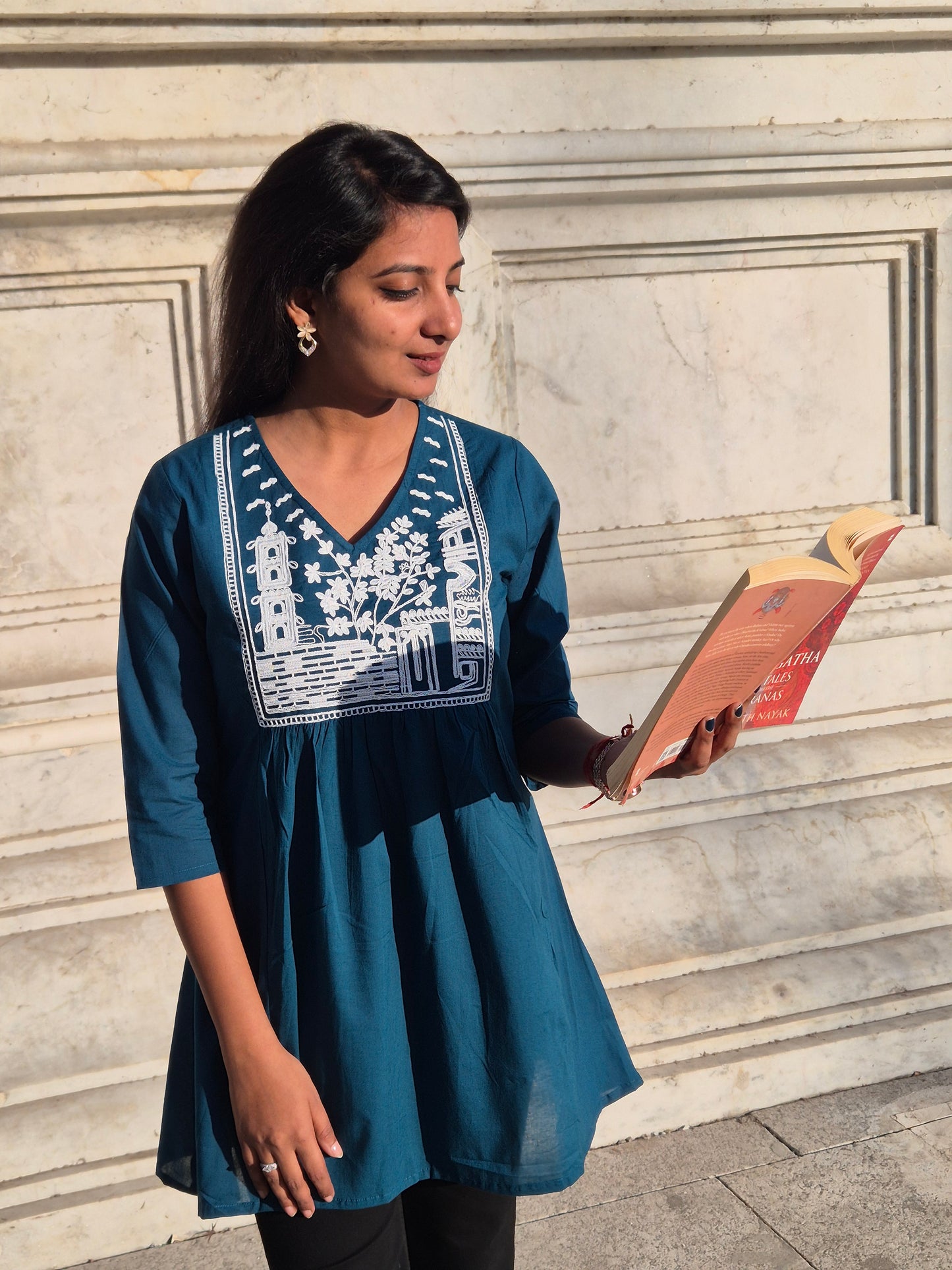 Teal Blue Embroidered Cotton Top