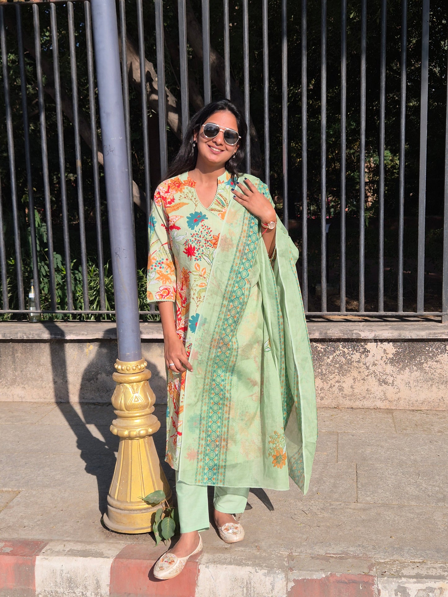 Mint Green Floral Straight Cotton Suit Set