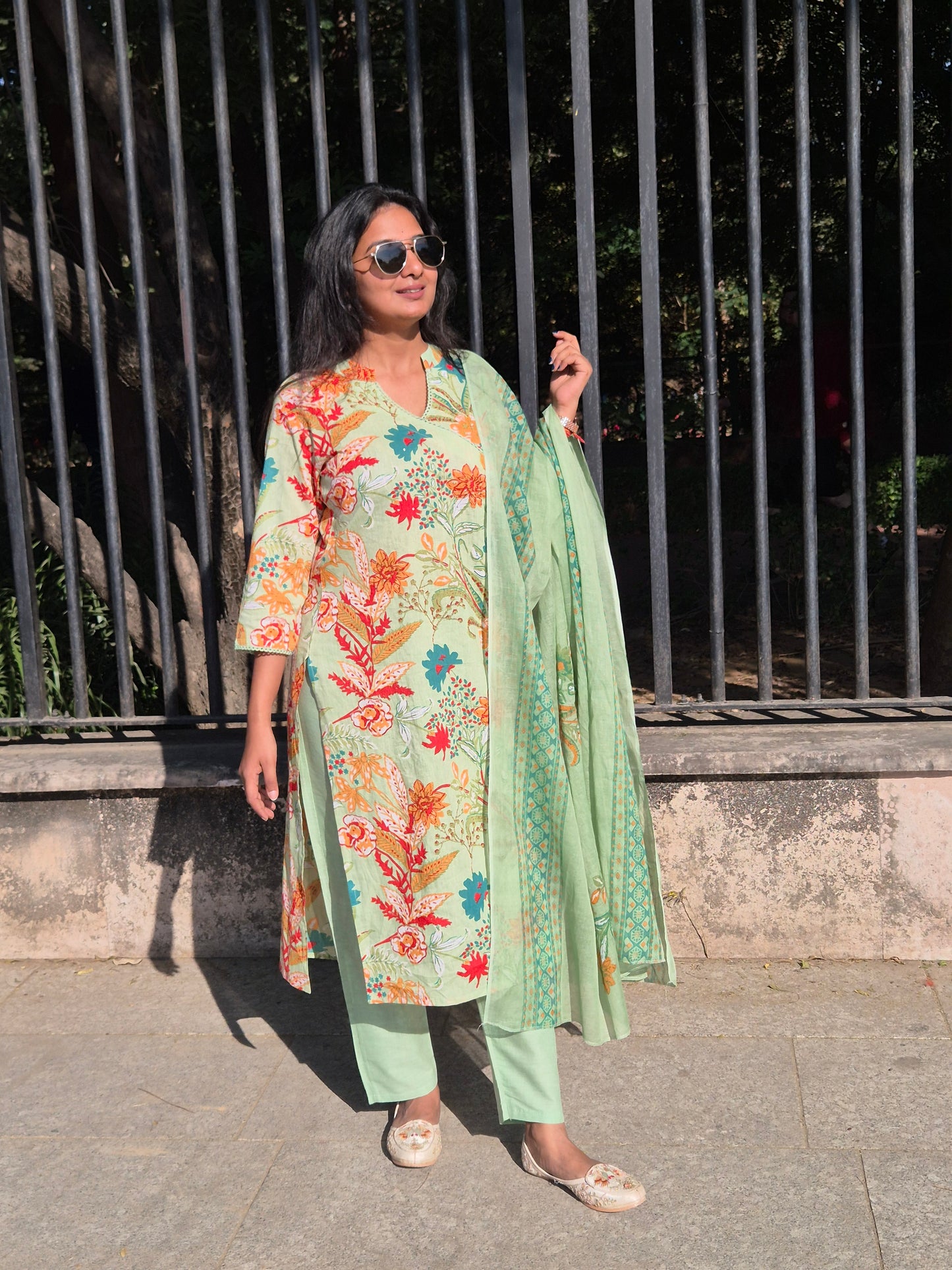Mint Green Floral Straight Cotton Suit Set