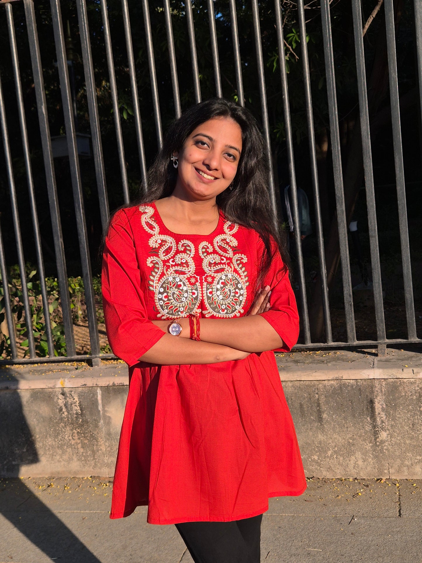 Red Embroidered Cotton Short Top