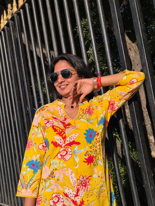 Bright Yellow Floral Cotton Suit Set with Dupatta