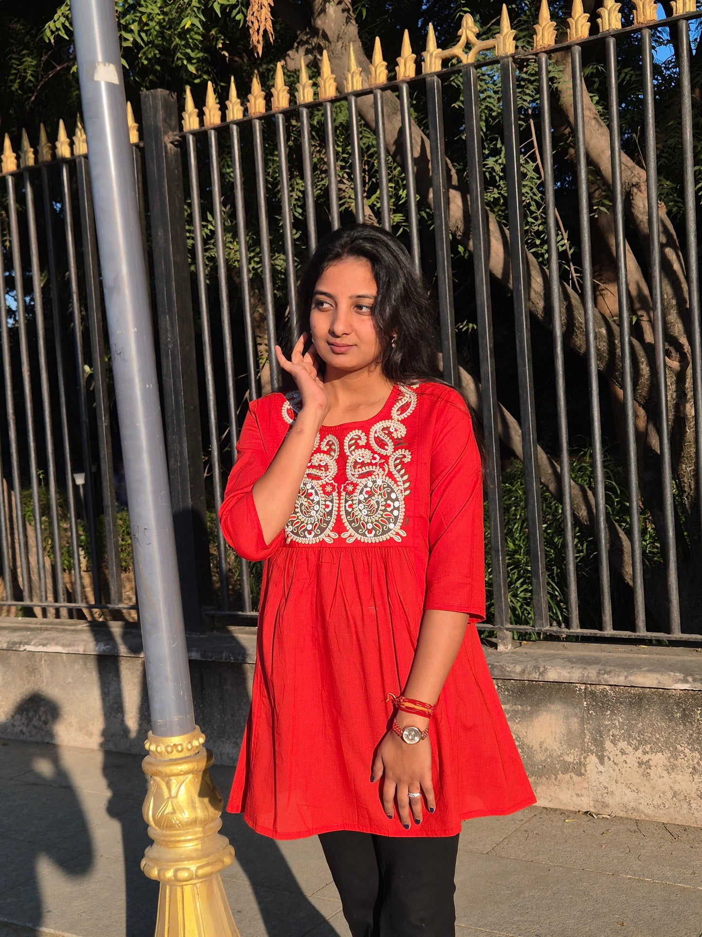 Red Embroidered Cotton Short Top