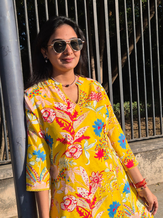 Sunshine Yellow Tropical Floral Straight Cotton Kurta