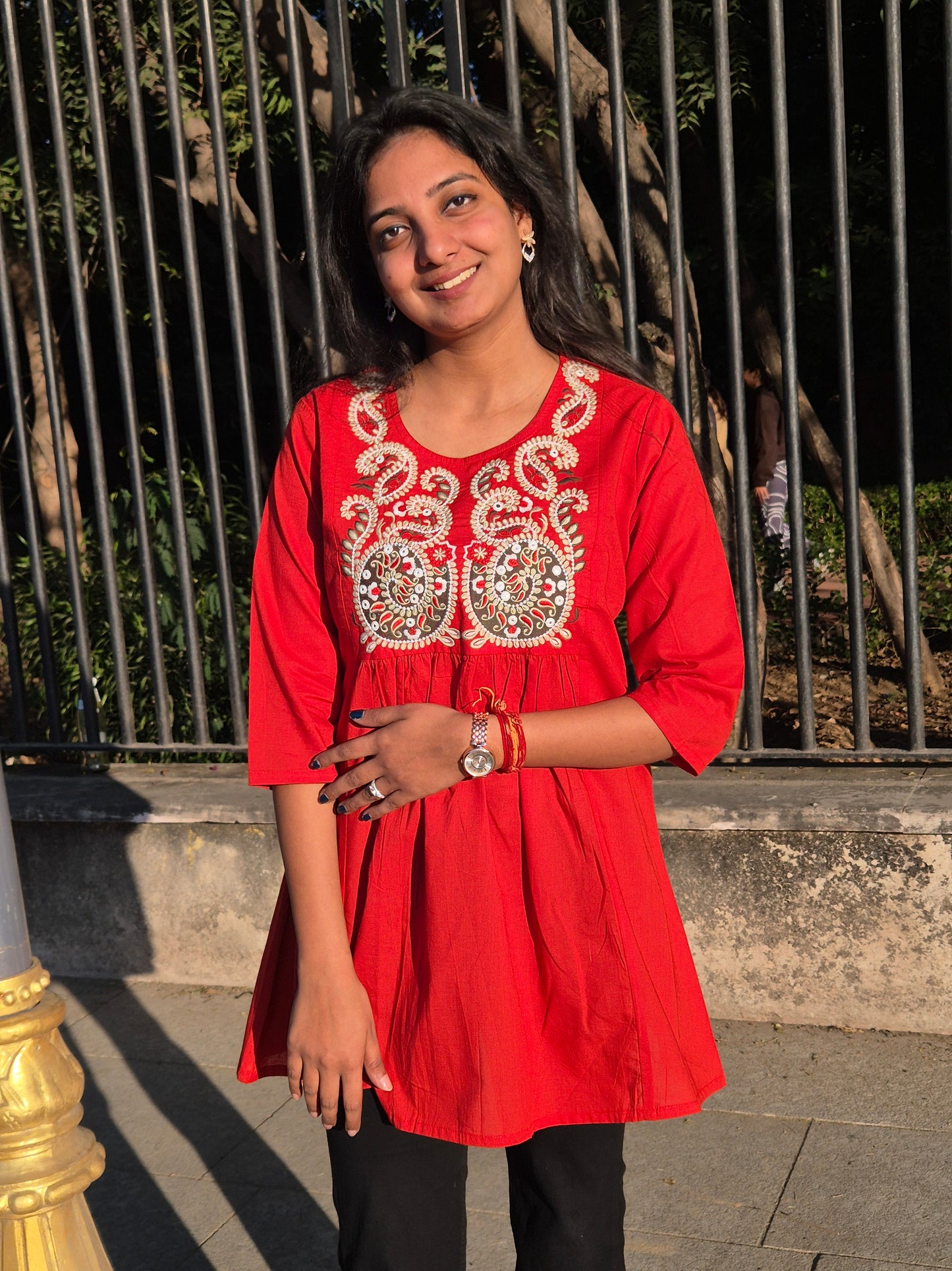 Red Embroidered Cotton Short Top