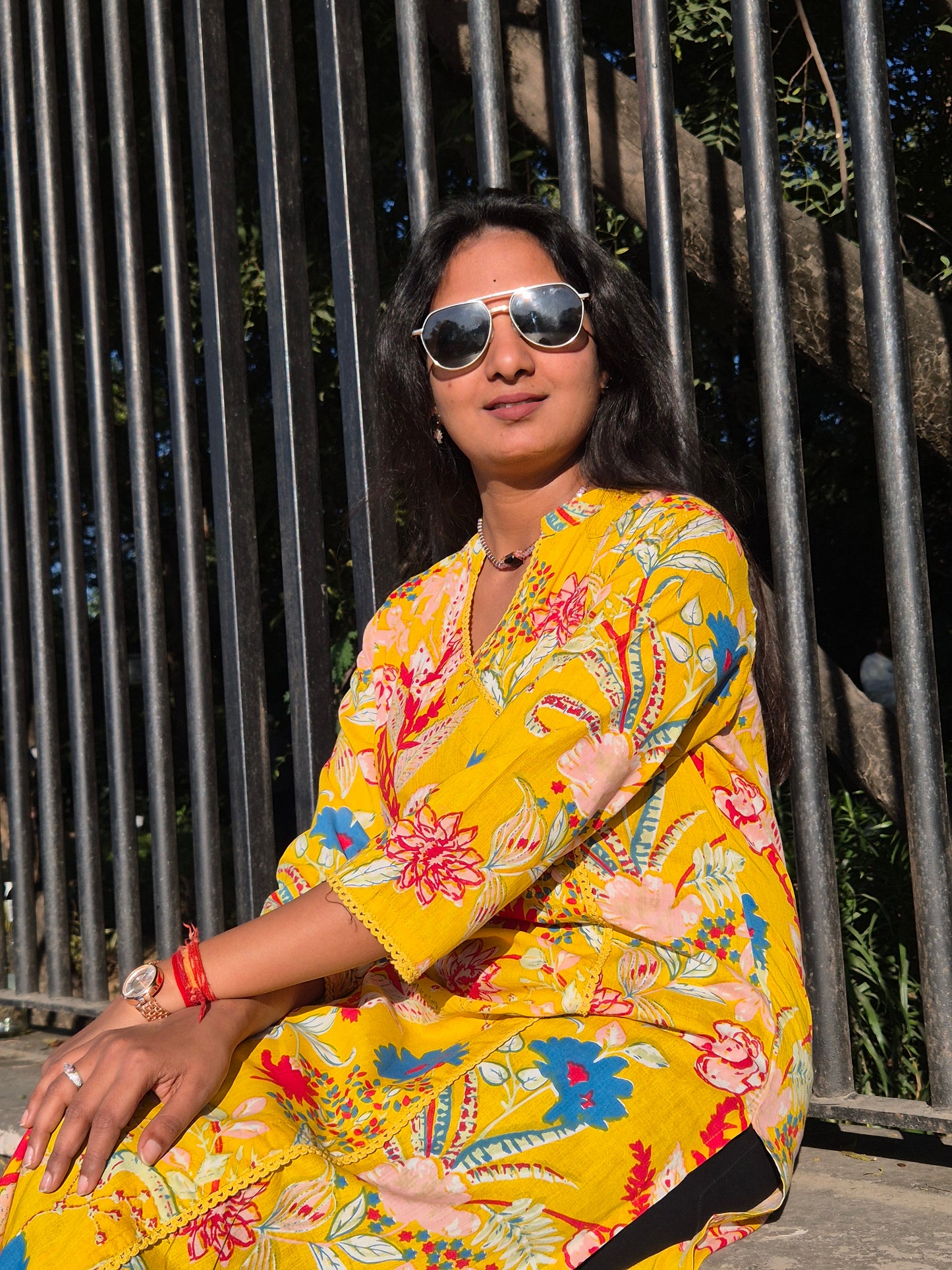 Bright Yellow Floral Cotton Suit Set with Dupatta