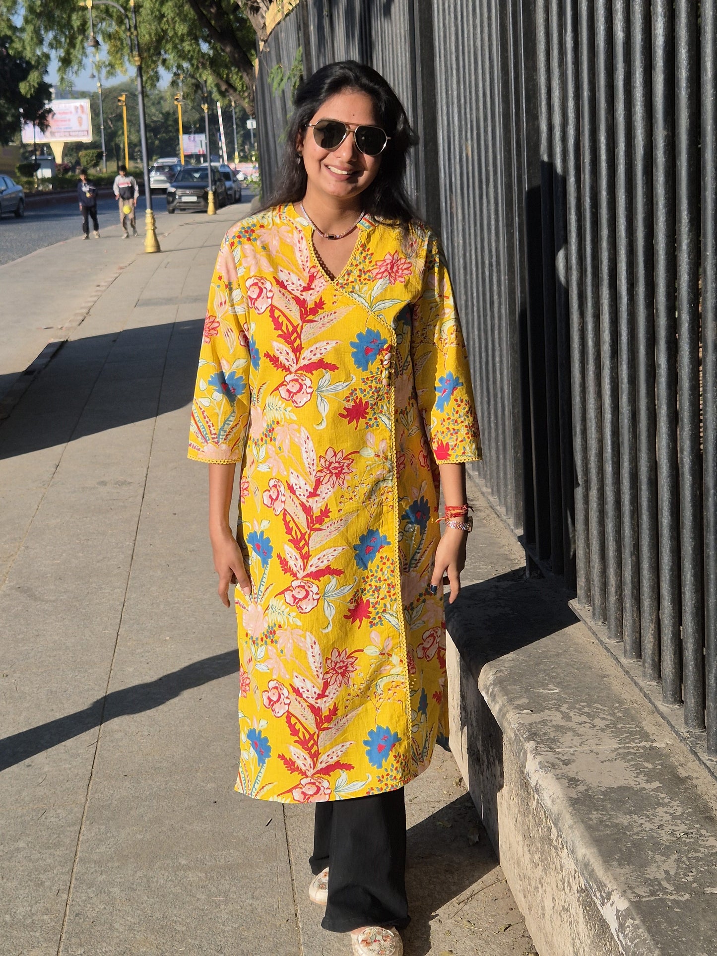 Sunshine Yellow Tropical Floral Straight Cotton Kurta