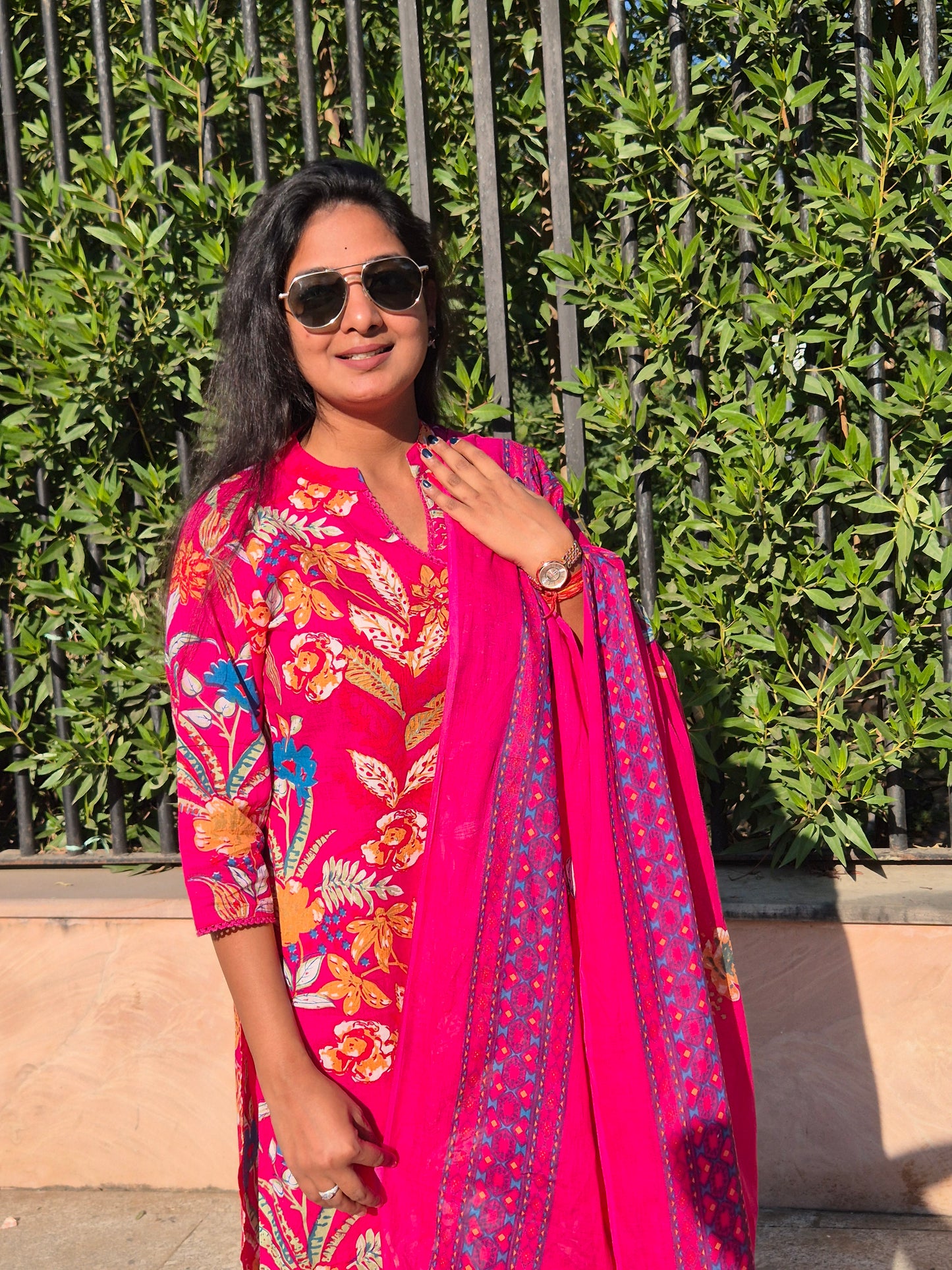 Hot Pink Bloom Floral Cotton Suit Set