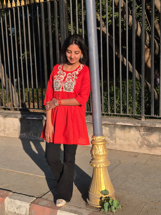Red Embroidered Cotton Short Top