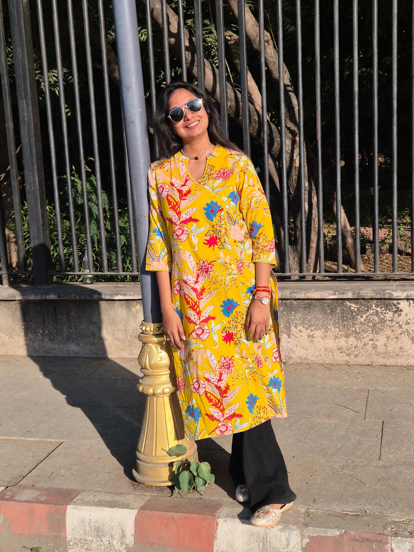 Sunshine Yellow Tropical Floral Straight Cotton Kurta