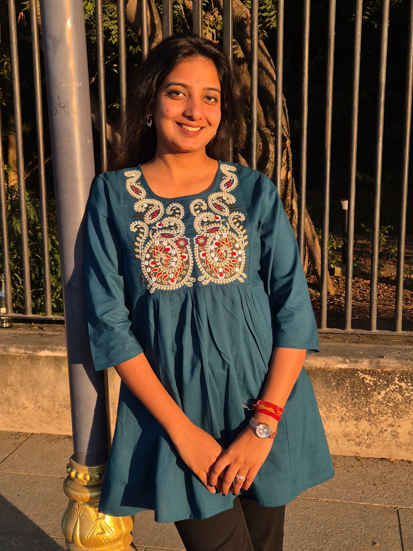 Teal Blue Multicolour Embroidered Cotton Short Top