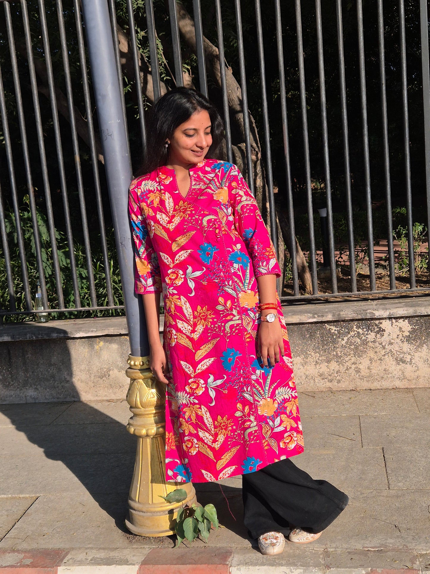 Hot Pink Tropical Floral Straight Cotton Kurta