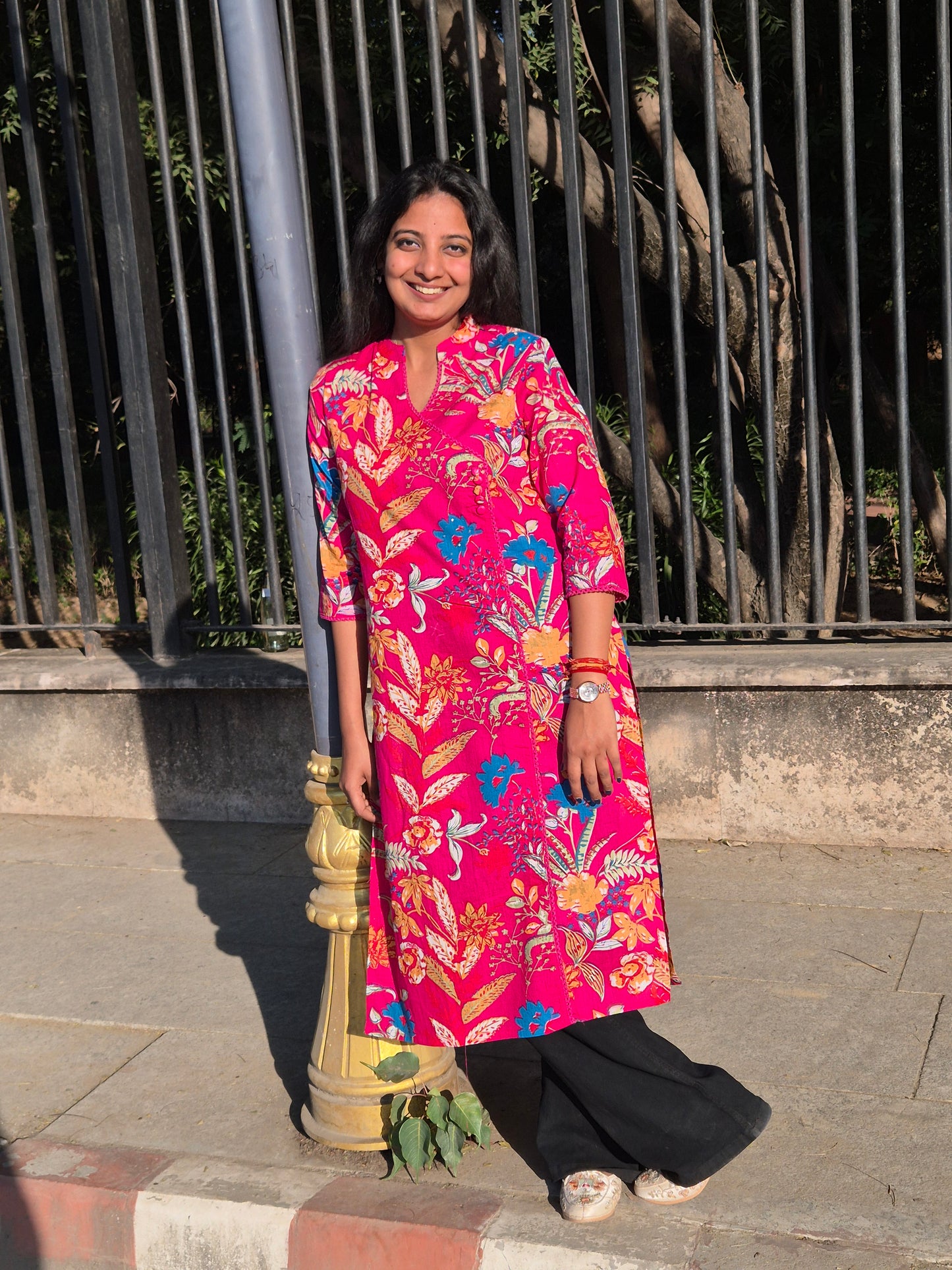 Hot Pink Tropical Floral Straight Cotton Kurta