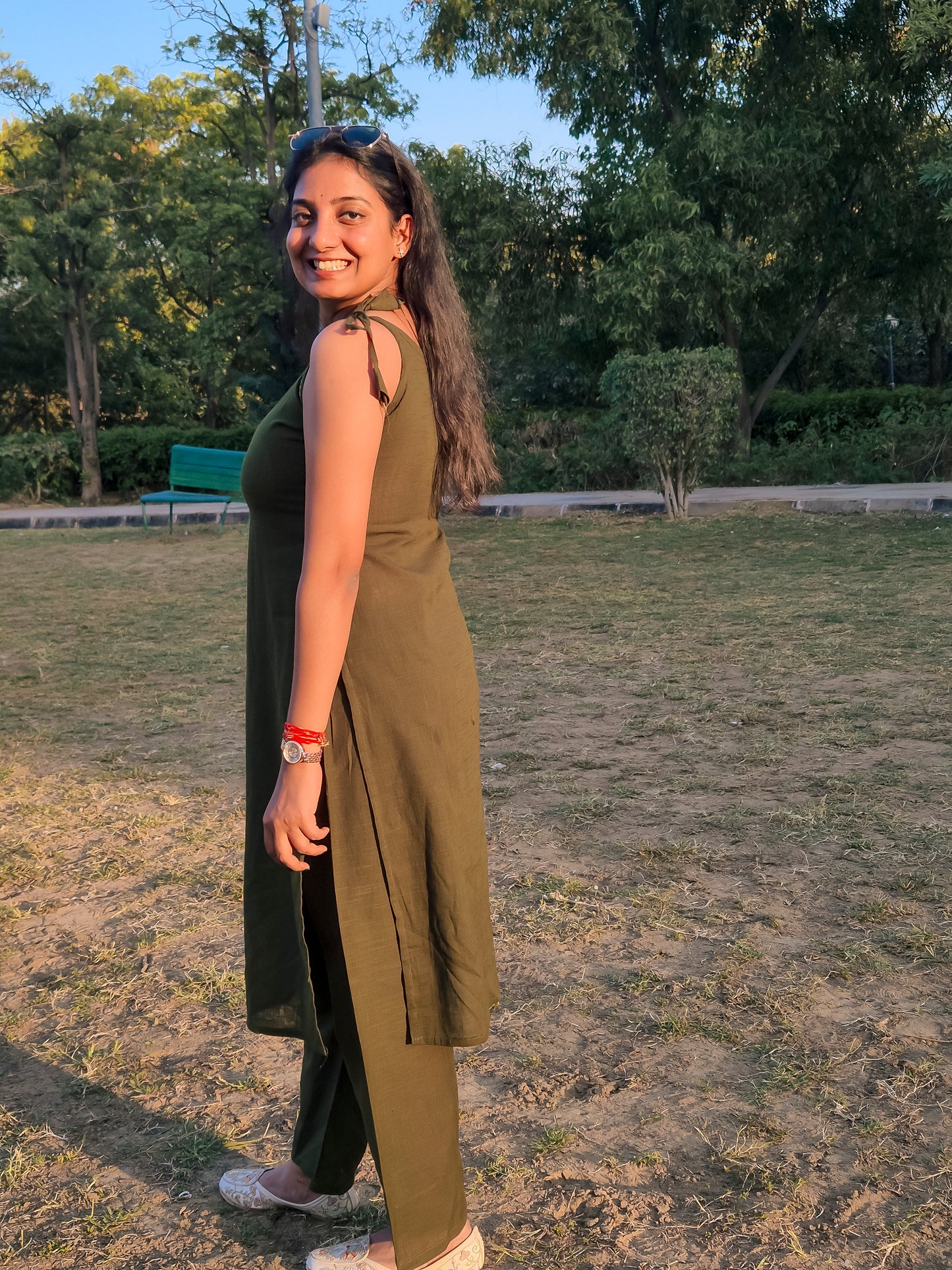 Olive Green Embroidered Sleeveless Co-ord Set