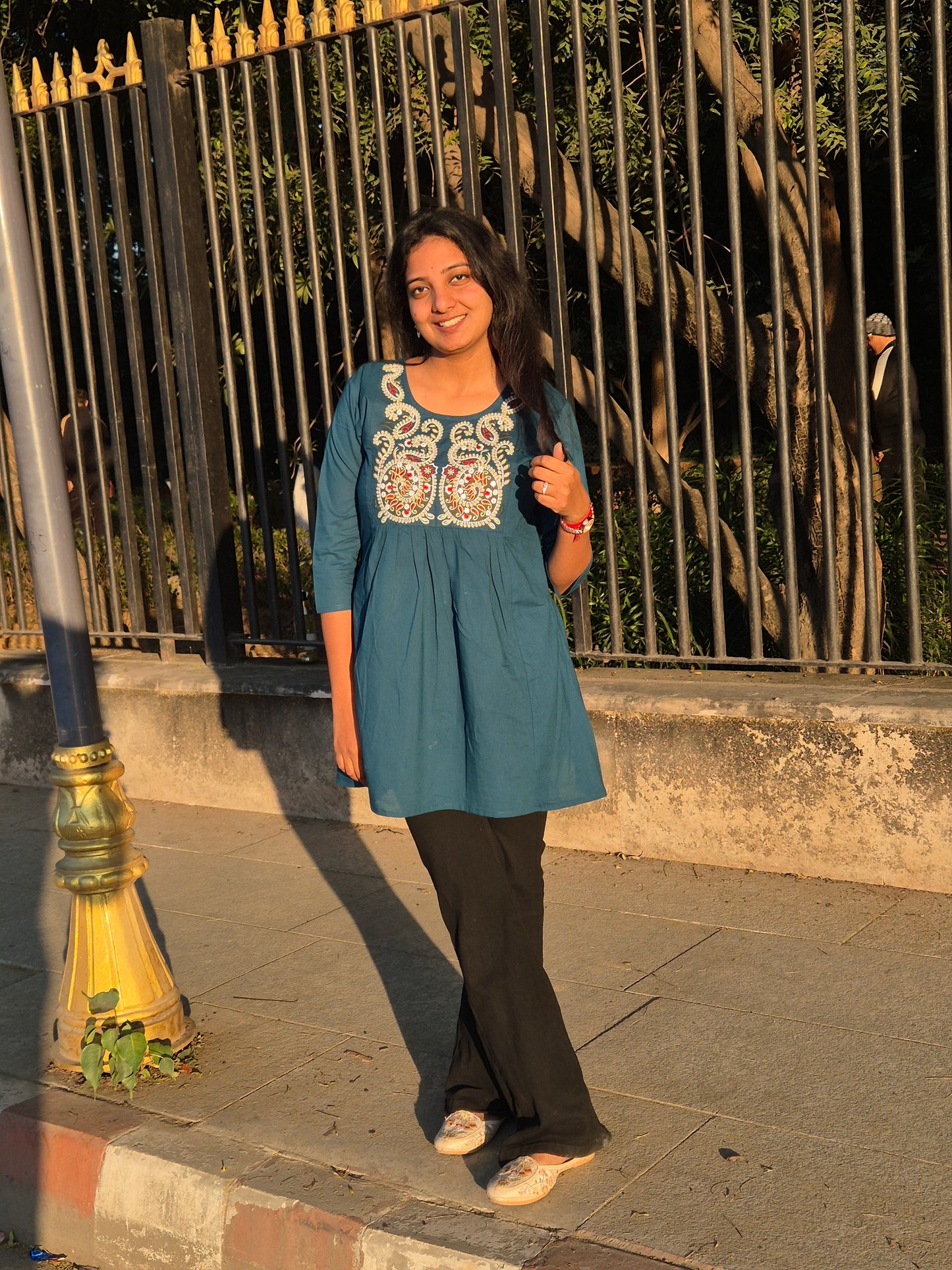 Teal Blue Multicolour Embroidered Cotton Short Top
