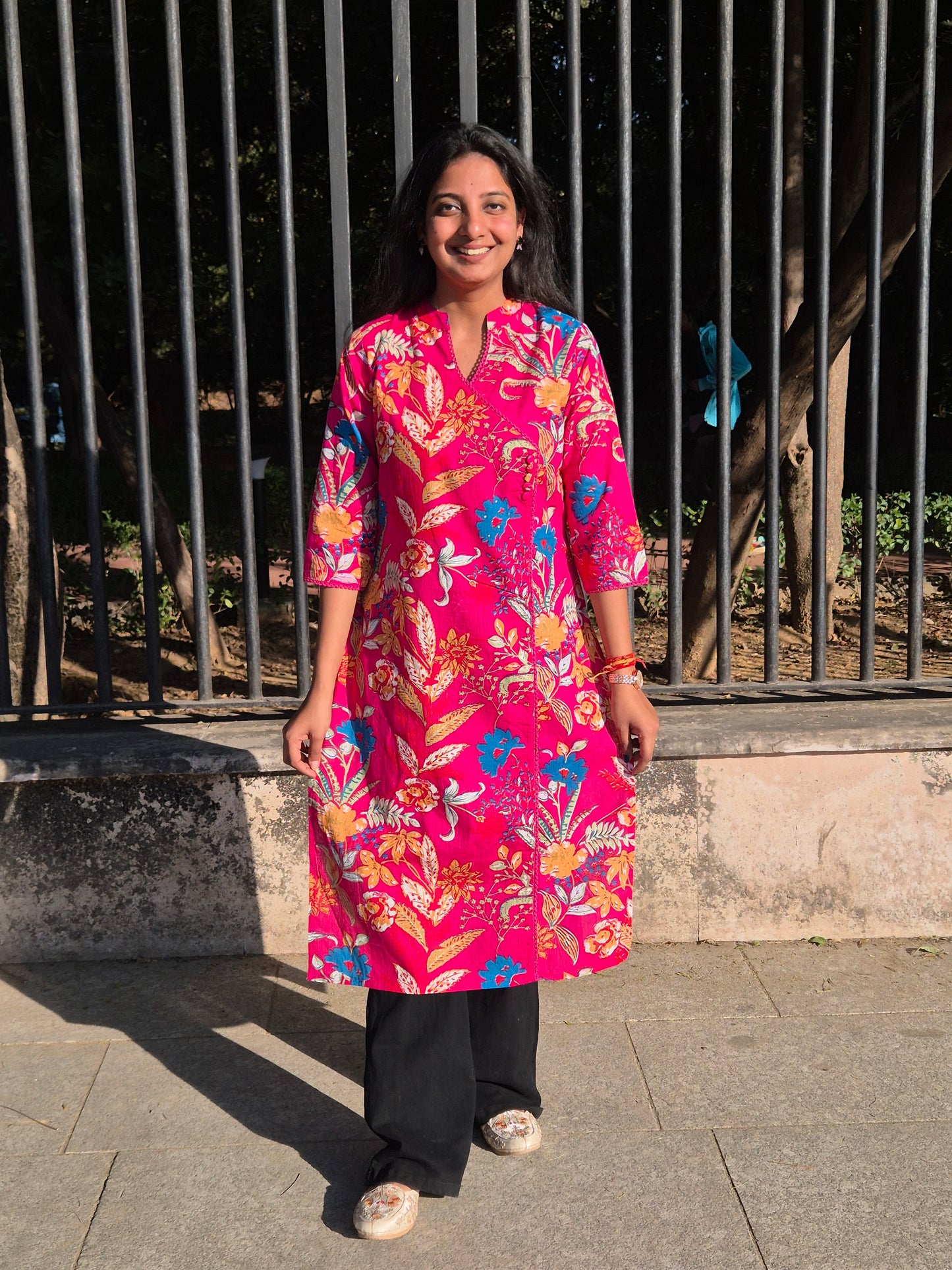 Hot Pink Tropical Floral Straight Cotton Kurta