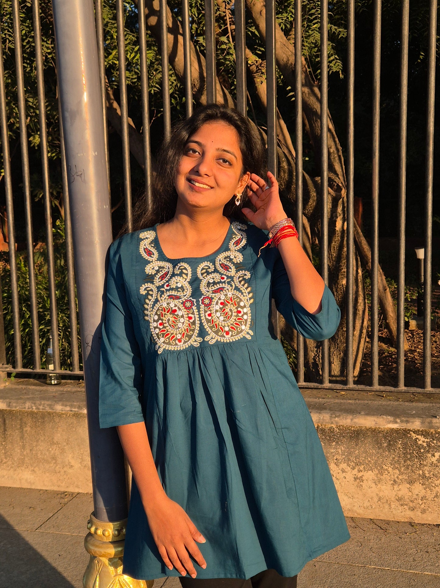 Teal Blue Multicolour Embroidered Cotton Short Top