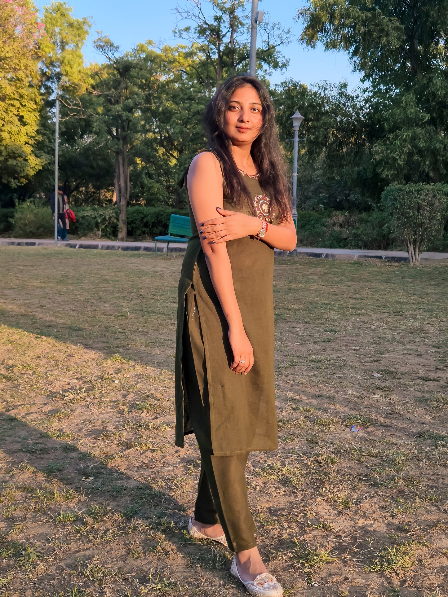 Olive Green Embroidered Sleeveless Co-ord Set