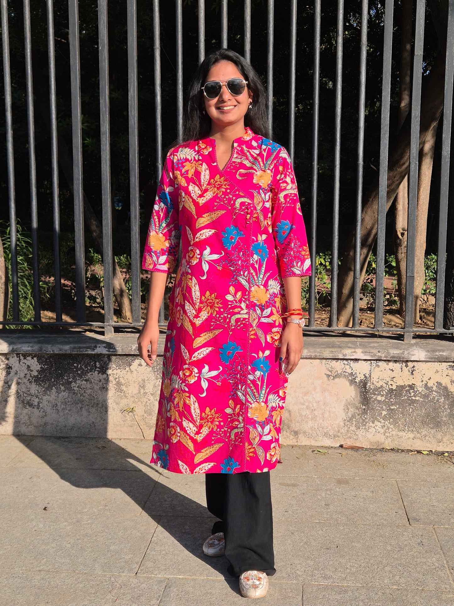 Hot Pink Tropical Floral Straight Cotton Kurta