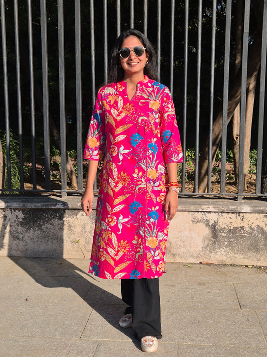 Hot Pink Tropical Floral Straight Cotton Kurta