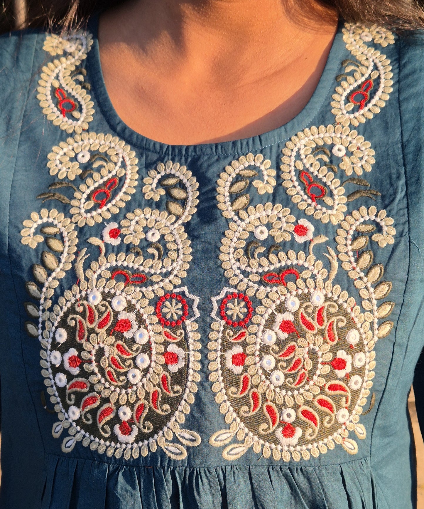 Teal Blue Multicolour Embroidered Cotton Short Top