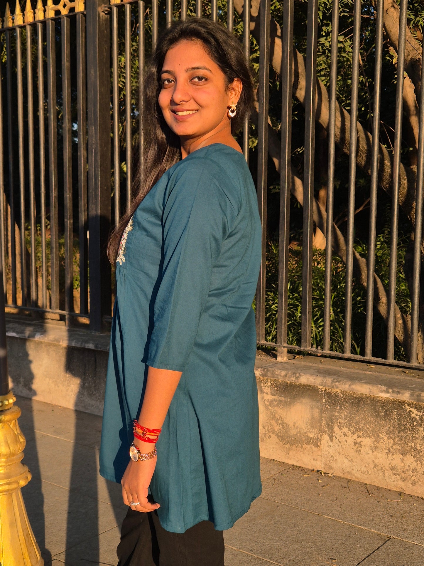 Teal Blue Multicolour Embroidered Cotton Short Top