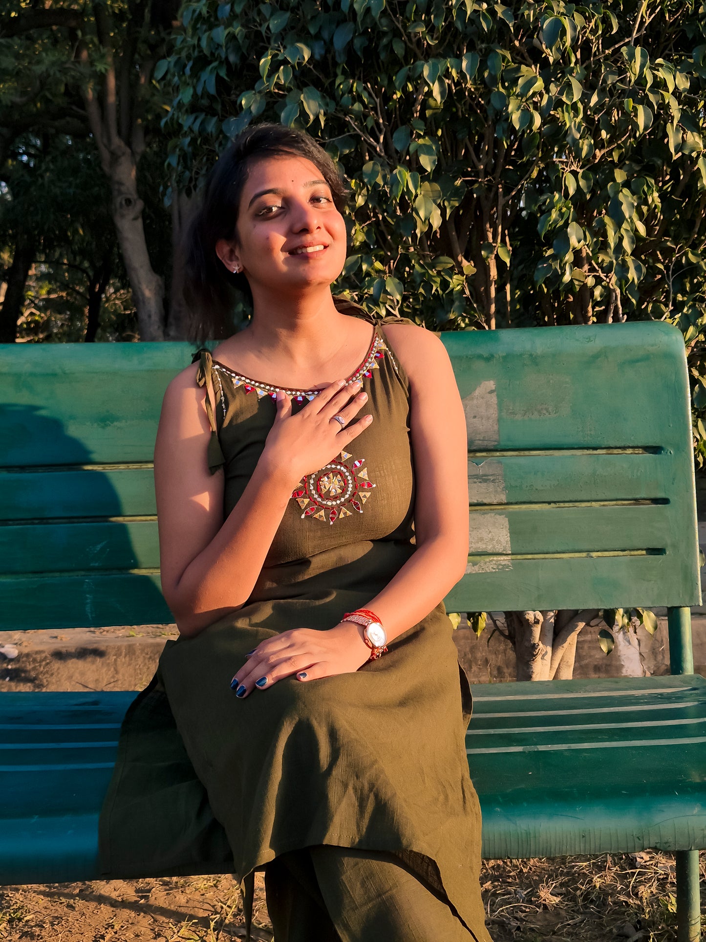 Olive Green Embroidered Sleeveless Co-ord Set