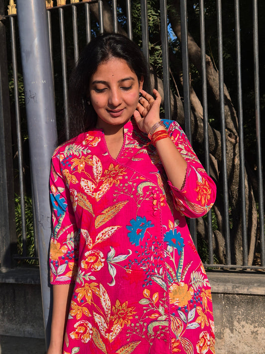 Hot Pink Tropical Floral Straight Cotton Kurta